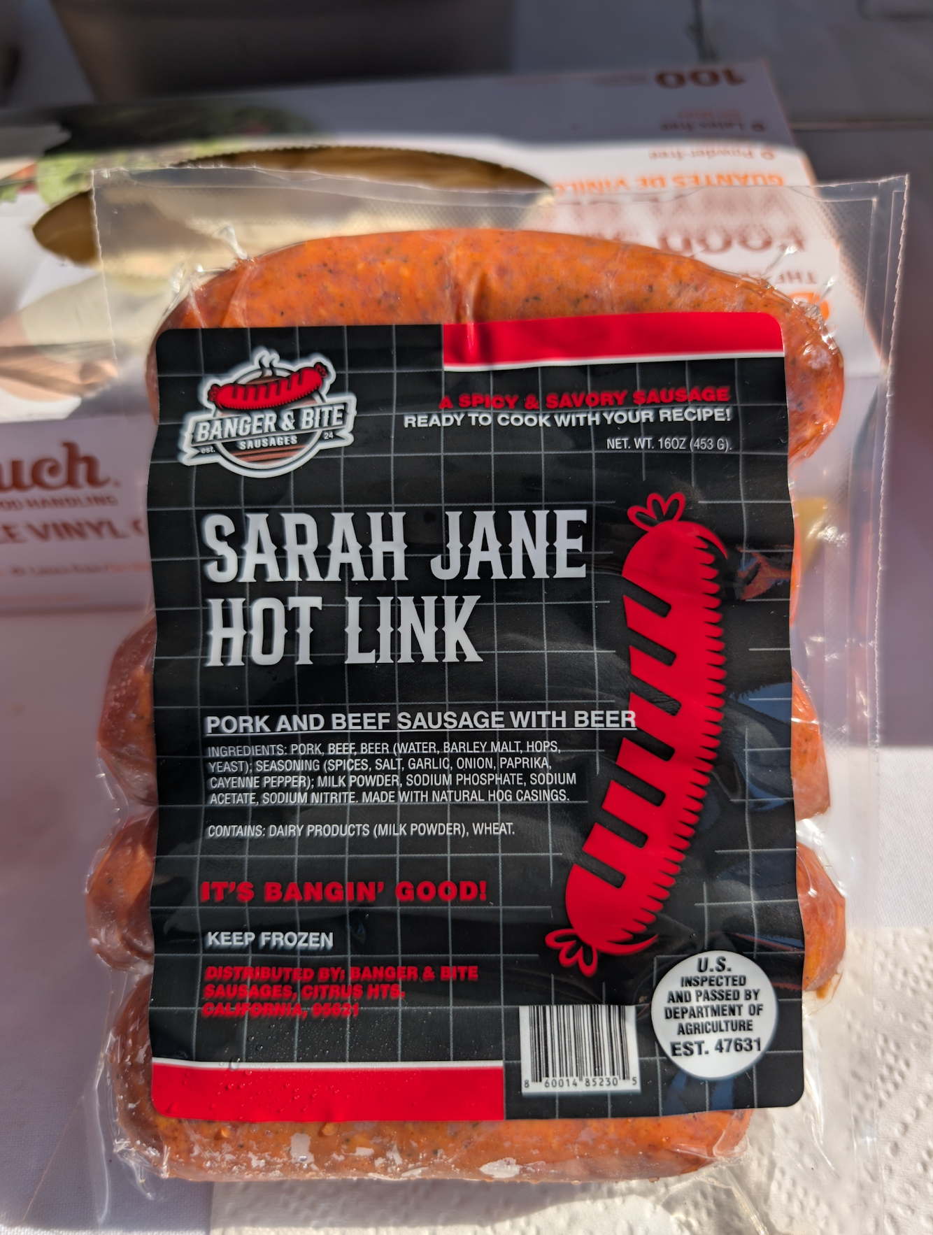 The "Sarah Jane Jane Hot Link" sausage package, thumbnail
