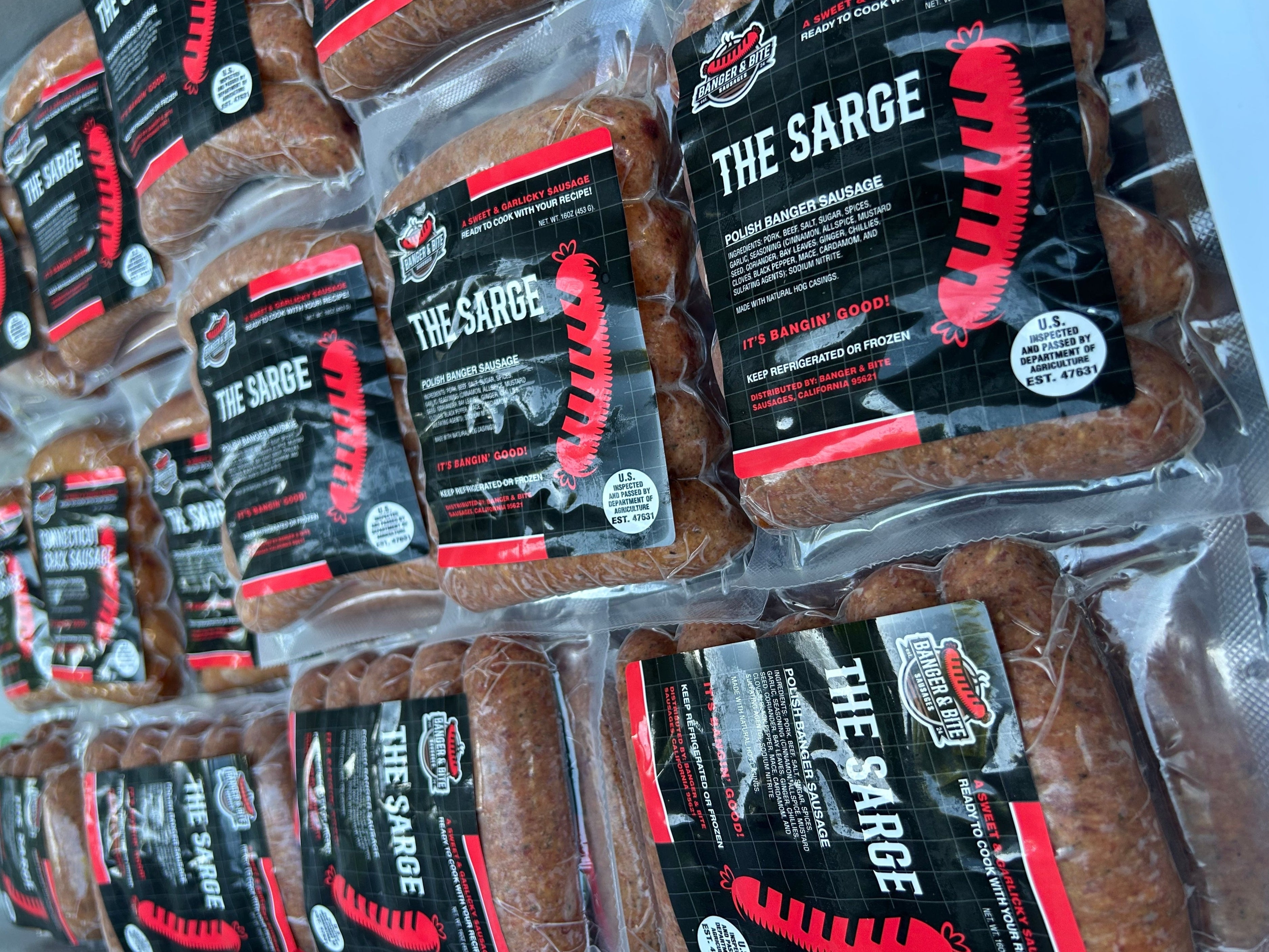 Sausage packages showcasing our 'The Sarge' branded sausage inside an ice chest